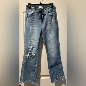 Trendy Distressed Flare Jeans in Light Blue